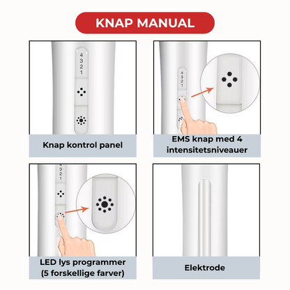 Knap manual til 5-i-1 ansigtsmassage wand. Midterste knap styrer EMS, med 4 niveauer. Nederste knap styrer LED lys programmer, 5 forskellige farver.