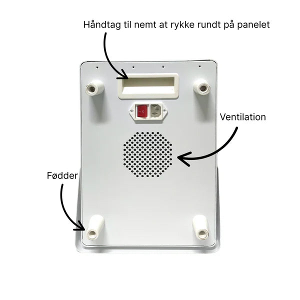 Bagside af hvidt RB300 rødlyspanel. Med ventilation, håndtag og fødder.