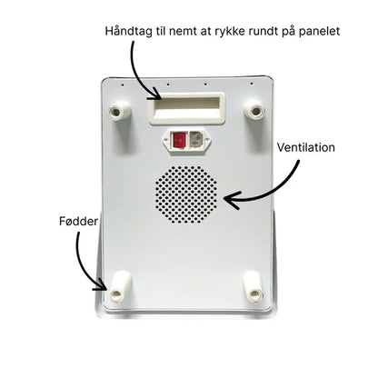 Bagside af hvidt RB300 rødlyspanel. Med ventilation, håndtag og fødder.